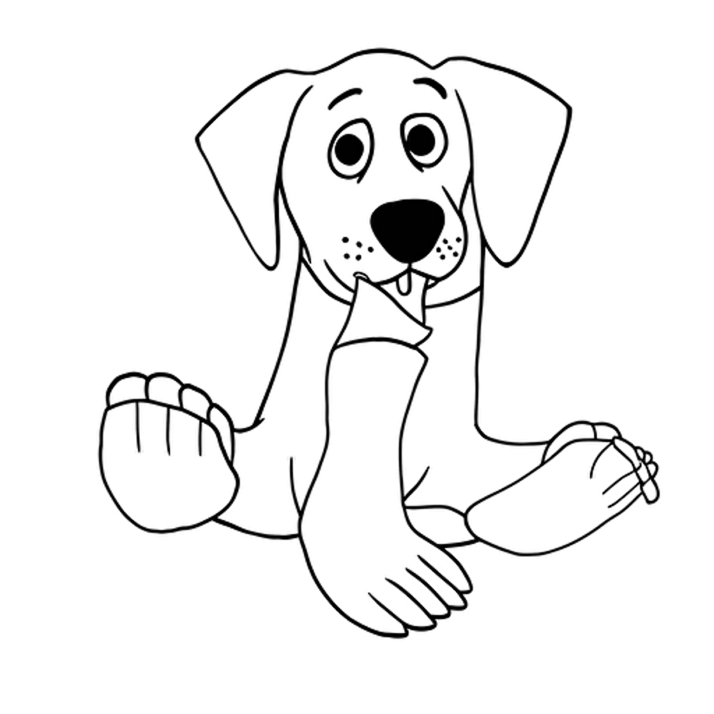 black and white clipart of a 2-year-old black labrador retriever holding a white sock, simple line drawing, vector art, isolated on white background