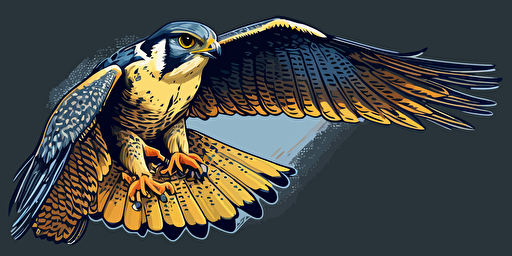 flying falcon, front view, looking into camera, moving towards, wingspan, blue and yellow colors, hand draw vector style
