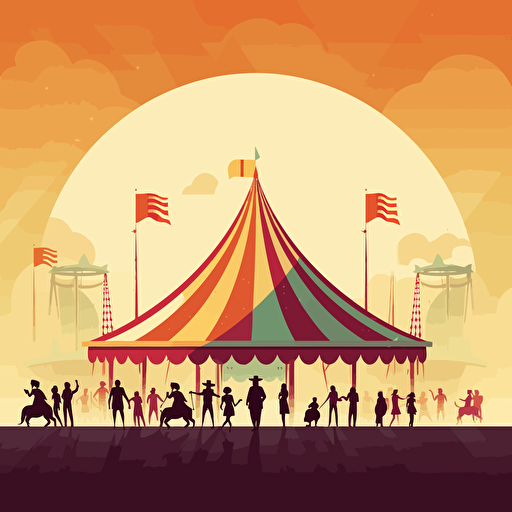 simple flat illustration of a circus tent at a fair with a ride in the background, a few silhouettes out front, simple vector image