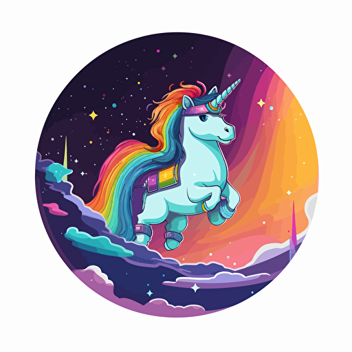 anthropomorphic unicorn dressed as an astronaut suit riding a rainbow wave travelling through outer space, vector style. design in circle. transparent background