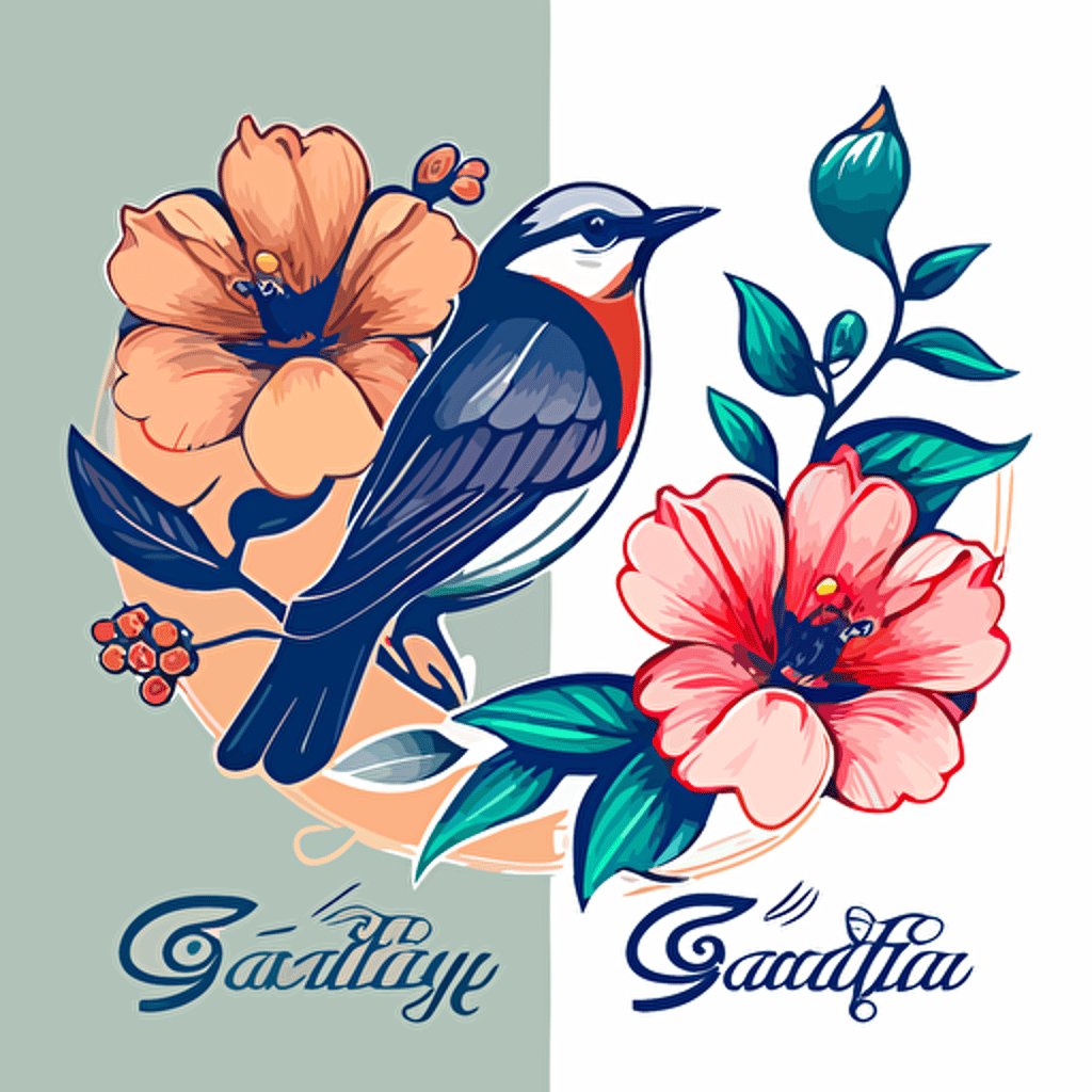 simple 2 color vector logo of a bird and a flower