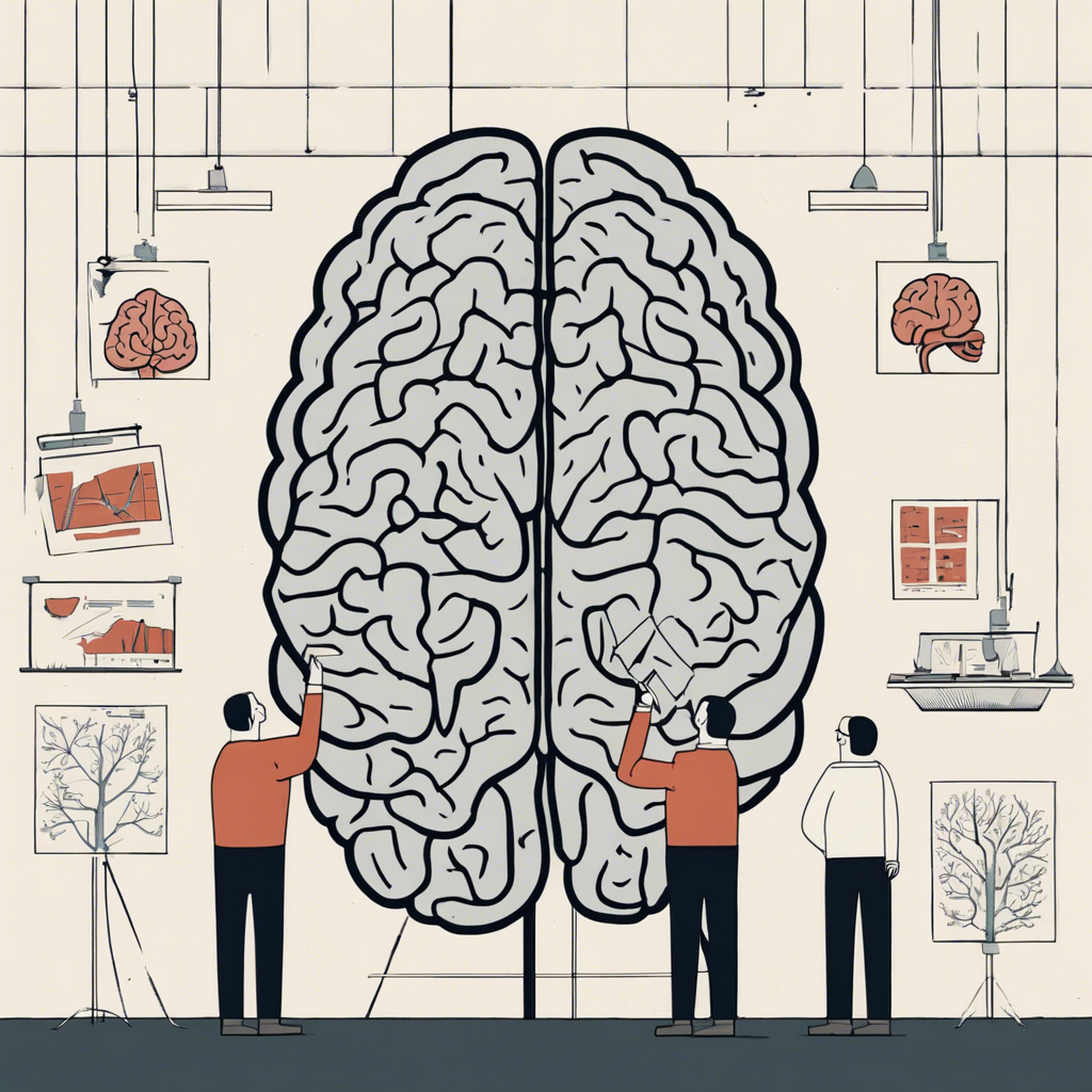researchers standing in front of a gigantic brain, illustration in the style of Matt Blease, illustration, flat, simple, vector