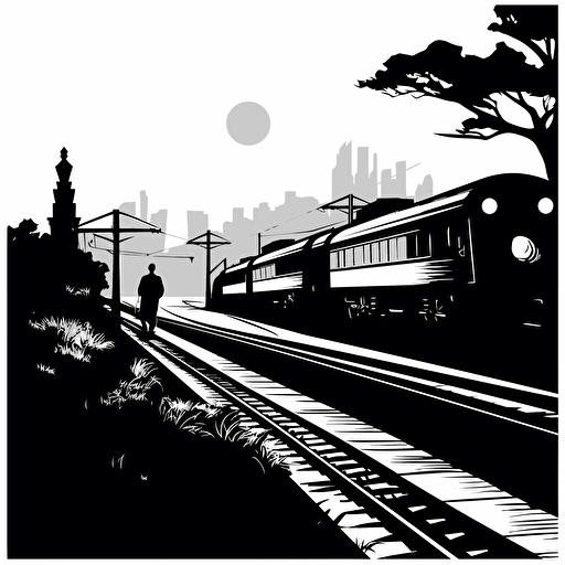 vector black and white art of passing by train, black and white illustration, simple