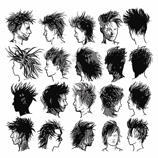 messy and wild male hair only, no face, vector style clip art, black only on white background