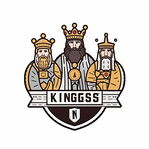nfl sports team logo, containing three kings holding large beers. Team name. Border. Vector style, simple and flat. White background.