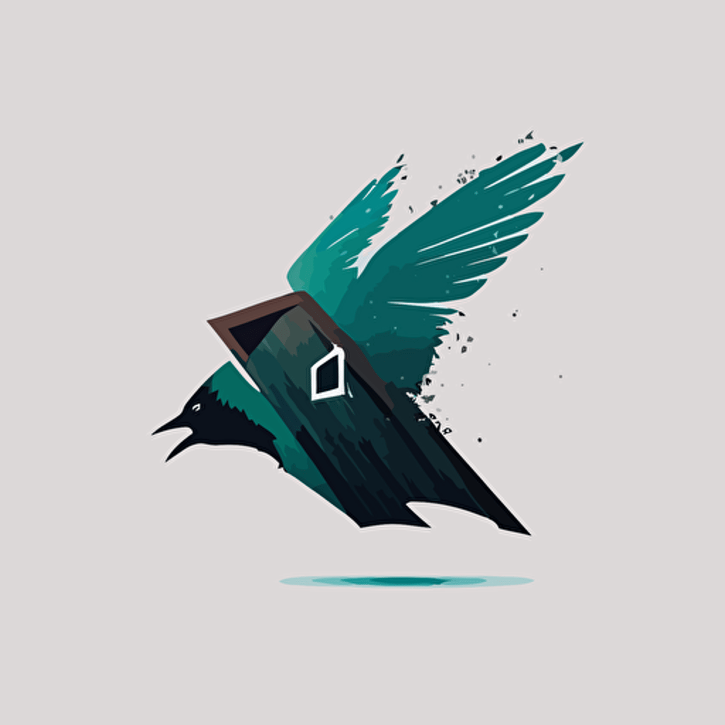 flying bird, outstretched wings, negative space house roof with gable window, vector logo, very simple