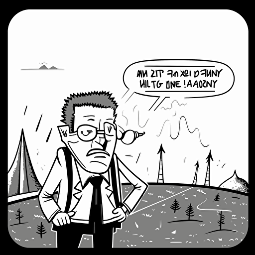 businessman in the forest looking for a way, illustration, black and white vector style, business coaching context