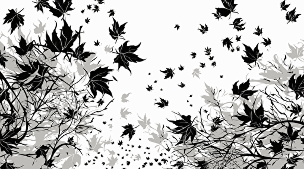 vector art texture of many small unique maple leaves falling down and flying in black drawing, white background
