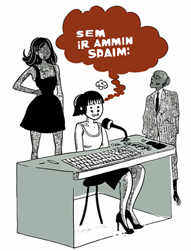 Ben Shahn, American art comic book style, an Asian young climate activist, a Asian feminist, a female human rights activist, and a female worker imagine a "hammer" and a "keyboard," together on a big stage, hammer and keyboard illust in a thought cloud, Non-letter illustration. white background, vector, illust