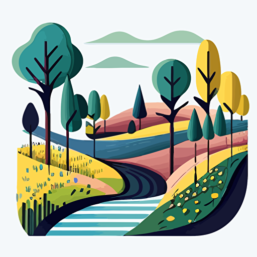 A minimalist vector logo of a landscape with trees, rivers, fields in playful colors