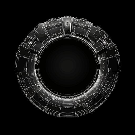 ring shaped spaceship on black background, 2d vector, gray tones