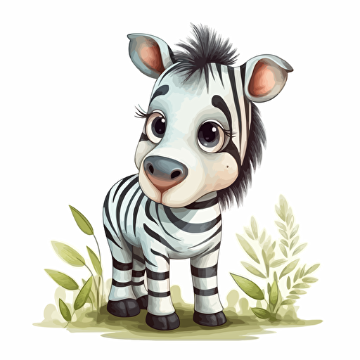 cute zebra, detailed, cartoon style, 2d watercolor clipart vector, creative and imaginative, hd, white background
