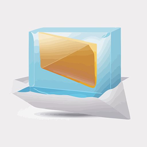 A transparent block of ice with a white envelope in the center. flat style illustration for business ideas, flat design vector, industrial, light color pallet using a limited color pallet, high resolution, engineering/ construction and design, colored cartoon style, light indigo and light gold, cad( computer aided design) , white background