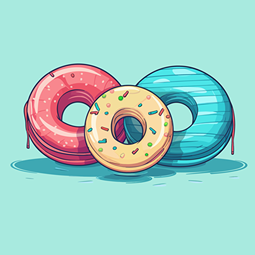 illustration of three pool floats, in fun colors, on a light blue background that looks like pool water, vector style, clipart style, cute style