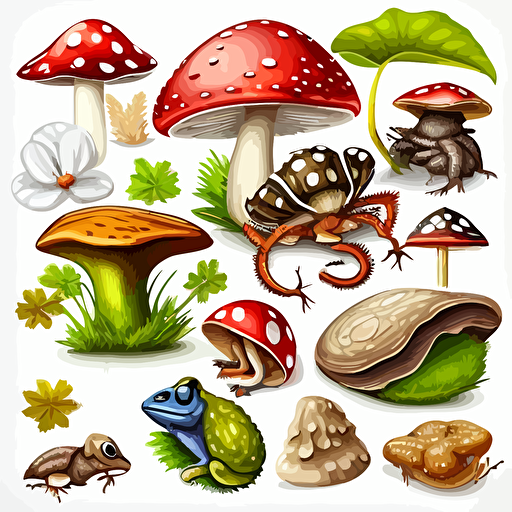 mushrooms, frog, white background, very detailed vector