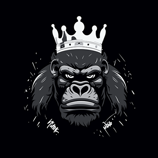 Angry donkey kong Gorilla In the in Russian crown, ", Banksy style, black background, large closed shapes, fantasy roboter, white space to fill, abstract, artistic, pen outline, white background, very simple, full field of view, centre, minimalistic logo vector art , simple flat vector logo