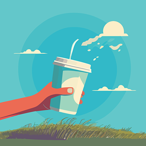 2d vector illustration of a hand dropping a clear cup into a receptacle, grass, blue sky, wrist band, signage