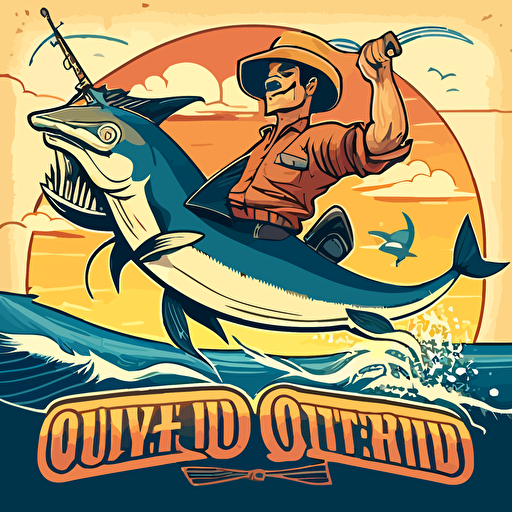 Retro Logo and brand for the "Saltwater Cowboy OBO" featuring a 2016 model seahunt fishing boat, young athletic Cowboy, tan skin, wearing a cowboy hat, sunglasses, riding on top of a large blue marlin jumping out of the ocean with the sunset in the background, flat, vector, 2D, comic book hero style
