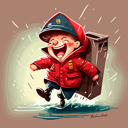 A strong bristish postman in a red post jacket powering through the rain with a smile on his face, cartoon, vector, cute