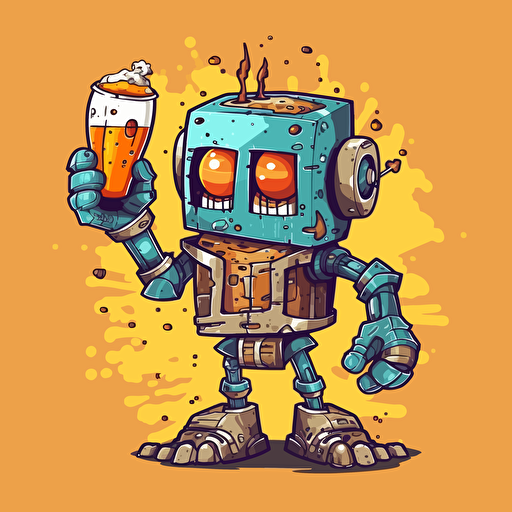 robot holding a beer, cartoon graffiti, vector