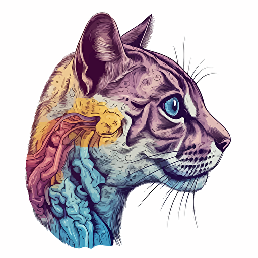 intracranial imaging of a cat, skin and brain systems are exposed and visible, style like vector art, white background