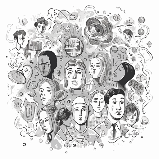 Emotional intellect, illustration, black and white vector style, volumetrically drawn figures, business coaching context
