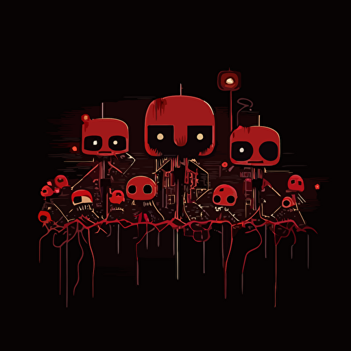 logo, minimalist, vectorized, red and black colors, print layer , delicacy, tiny robots in a line, dark background