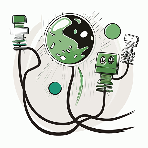 a disconnect plug wire floating around planets on an white background, in the style of light green and dark green, vector illustration, children's book illustration, black and white
