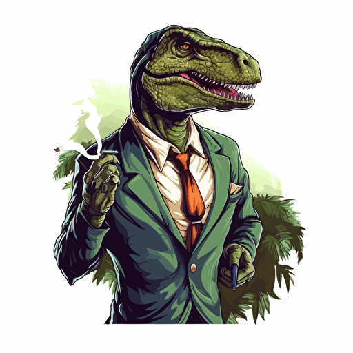 T-rex smoking a cigar wearing a business suit, big colour design, on blank white background, vector art, 2d