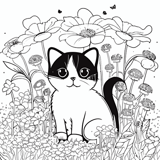 cute cat in field with flowers, big cute eyes, pixar style, simple outline and shapes, coloring page black and white comic book flat vector, white background