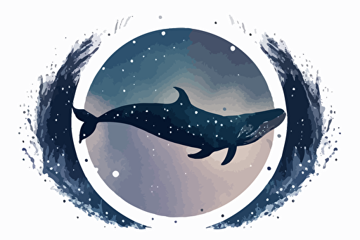 vector illustration of a whale swimming through stars, set in a circle, white background