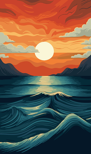 greek sea, sky, orange and blue, sand, vector style,