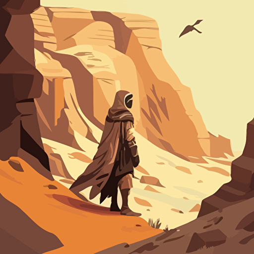 Aarakocra monk in desert cliff side, vector illustration