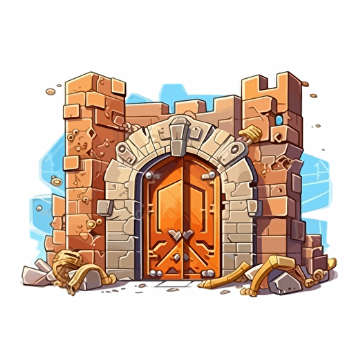 drawing vector cartoon on white background gold big bricks wall with opened gate, in the style of precisionist style, 2d game art, the vancouver school, handsome, smilecore, quadratura
