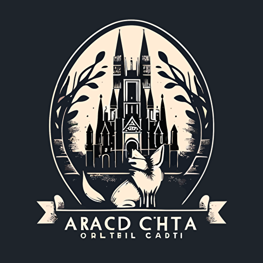 a creative logo for "McCarthy Choral", with a small fox, with a large cathedral, with a forest, black and white, flat vector