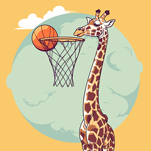 A vector of a giraffe playing basketball, gracefully dunking the ball into the hoop with its long neck.