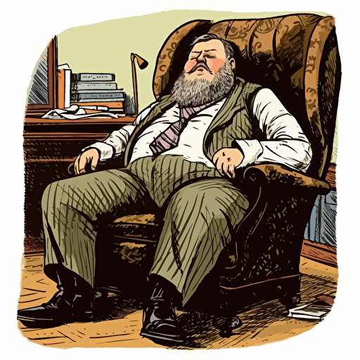 a chubby middle-aged professor has fallen fast asleep, snoring loudly with his mouth open, sitting in an armchair, beard, suit and tie, as a detailed vector image