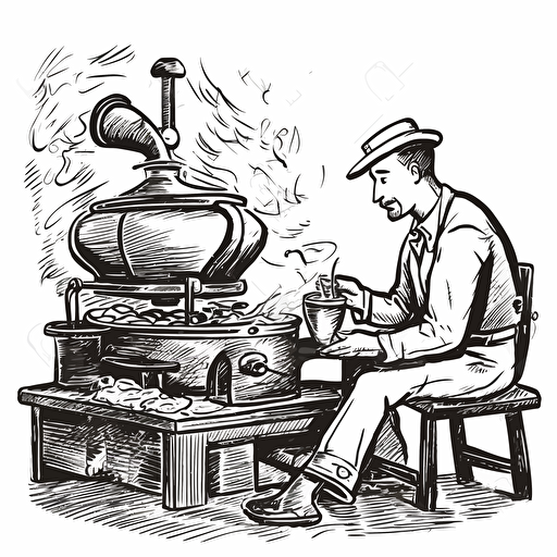 man roasting coffee beans, in the style of meticulous inking, vector, monochromatic, letterboxing, whimsical and lively, cartoon mis-en-scene