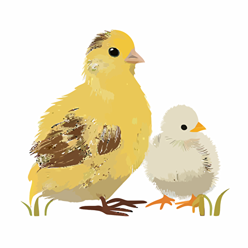 white hen chicken and her yellow baby chick, white background, childrens book flat color vector art
