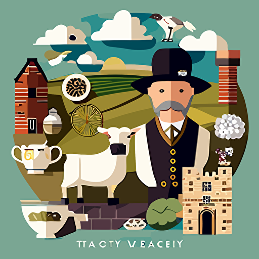 Vector style illustration of Yorkshire, including the white rose, the Yorkshire Dales, stone walls, steelworks, a teapot, sheep, a man wearing a flat cap, a Yorkshire terrier. Using flat perspective.