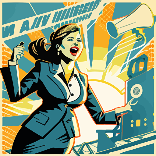business women success, dated vector illustration, protest, solar panels, megaphones