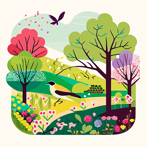 flat vector of spring scene with block colours. Bright with a light background