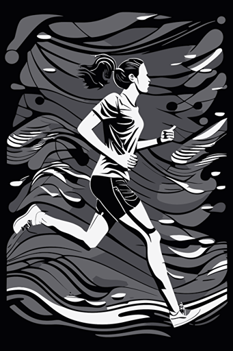 abstract outdoor jogging, grey and white colors, pop art deco illustration, hand vector art, black background,
