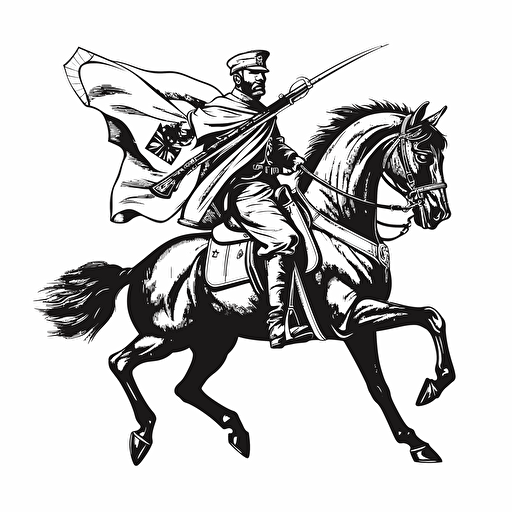vector warhorse profile view gallop with confederate officer holding a musket, illustrated vector art for a flag, black and white, medieval style