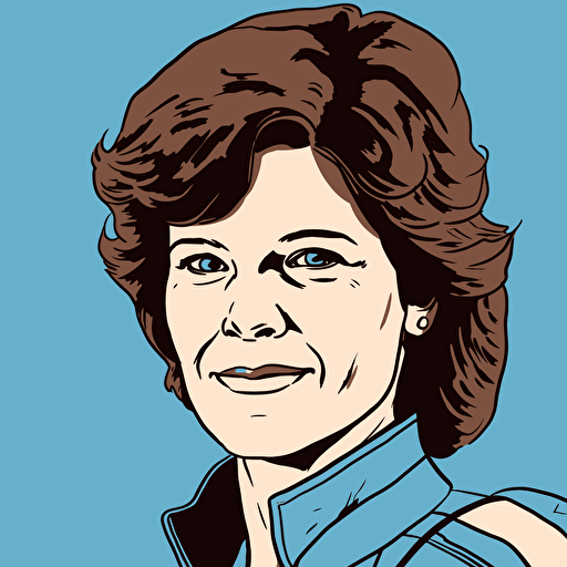 a headshot of Sally Ride, close up, simple blue astronaut uniform, pale blue eyes, standing in front of a starry sky, vector art