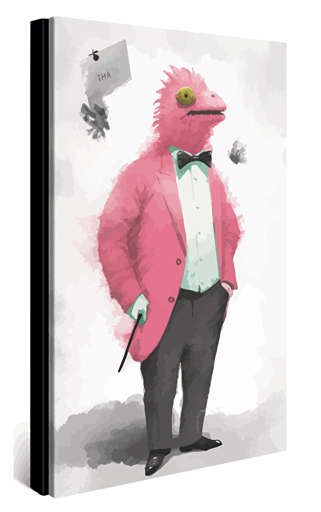 flat vector book cover design by stephen gammell showing painted wallpaper hawaii background to a pink anthropomorphic gecko salesman wearing a battered worn suit