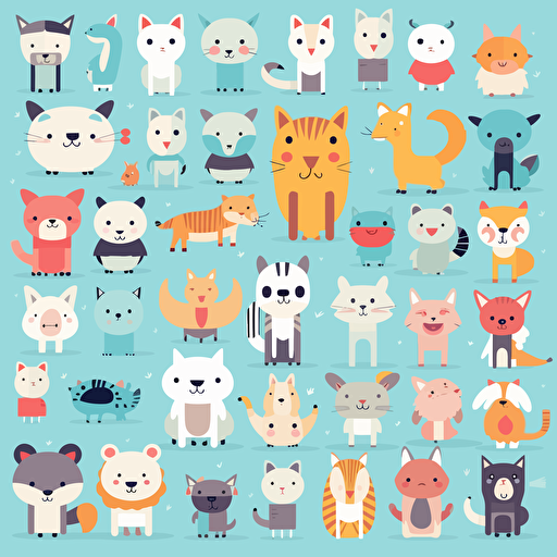 100 cute, smiling vector illustration animals, pastel color
