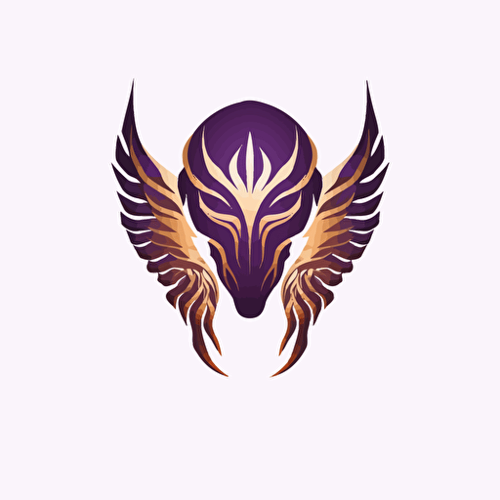 a modern flat logo for a company selling fallen demonic angels with predominant purple and gold colours over a white background in vectorial design style art