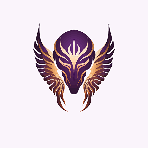 a modern flat logo for a company selling fallen demonic angels with predominant purple and gold colours over a white background in vectorial design style art