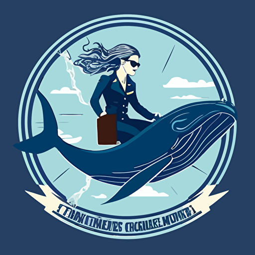 a committee logo of a young female doctor riding a whale, simple, vector